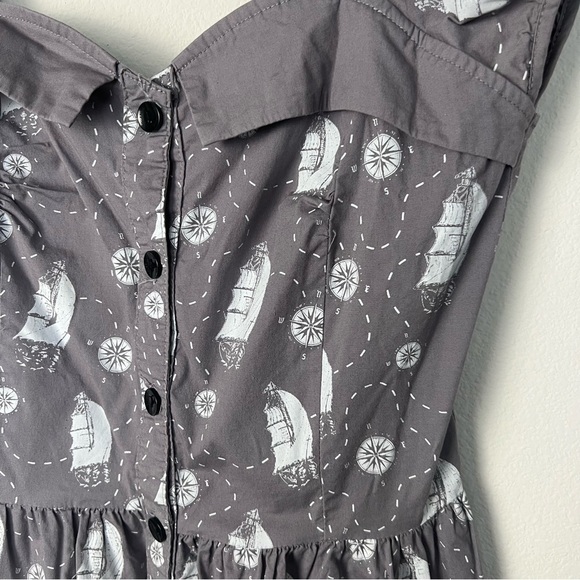 Sourpuss Retro Pinup Mini Dress Gray Sailing Ships Nautical Beach Size Medium - Picture 3 of 8